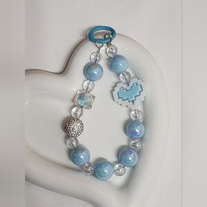 Beaded Keychain Phone Chain Blue White Accent Rhinestone Valentine Hearts